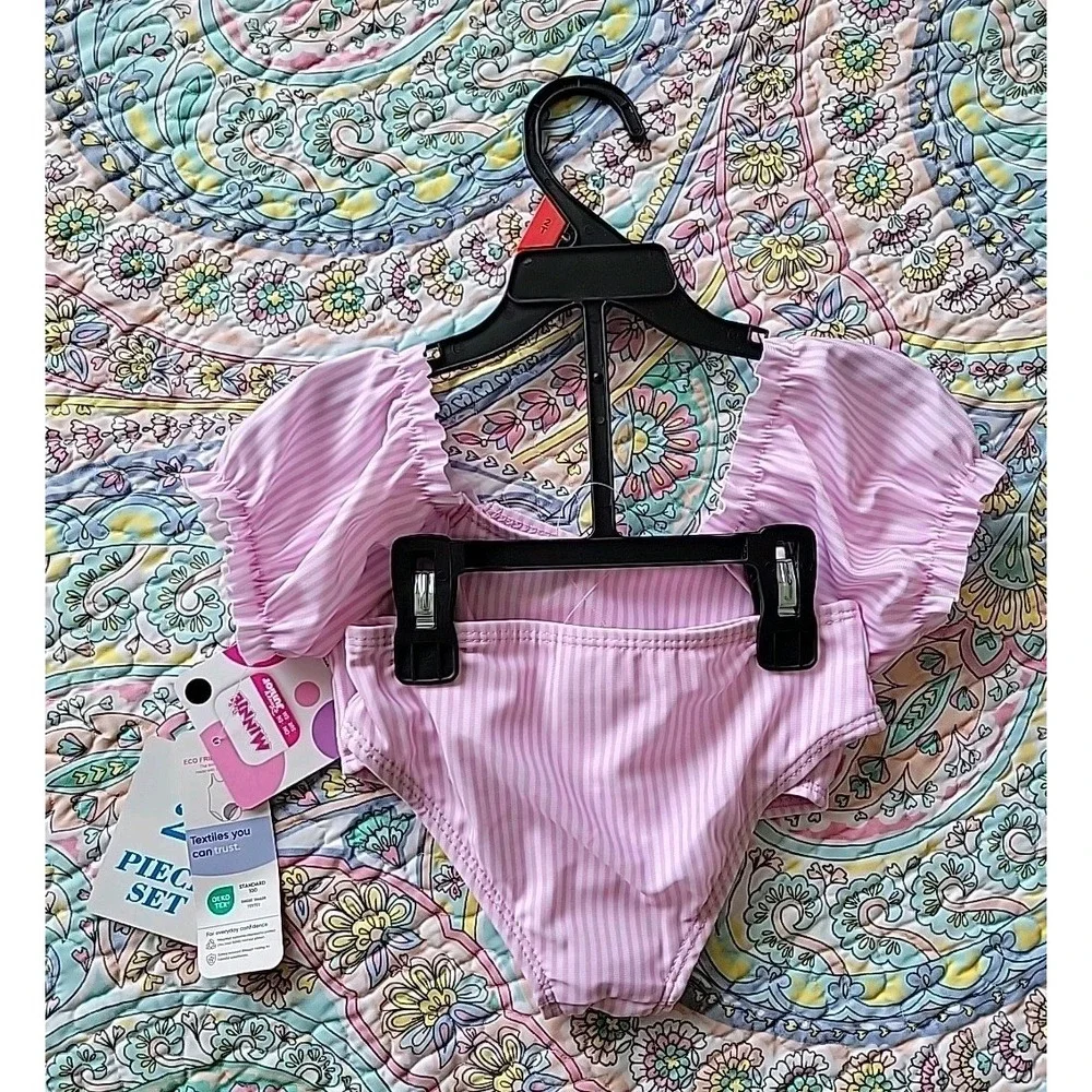 Minnie Mouse Two Piece Swim Suit Size 2t Pink Striped UPF Floral New NWT Bikini
